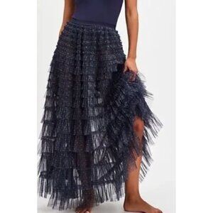 Free People Return of the Ruffle Maxi Slip Skirt in a Pin Dot Navy Size XS